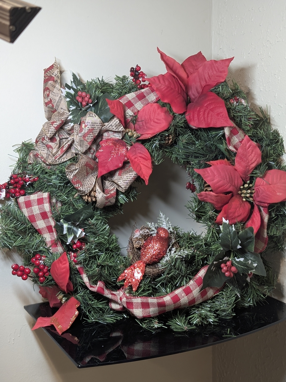 Festive Red Poinsettia Holiday Wreath with Plaid Ribbon